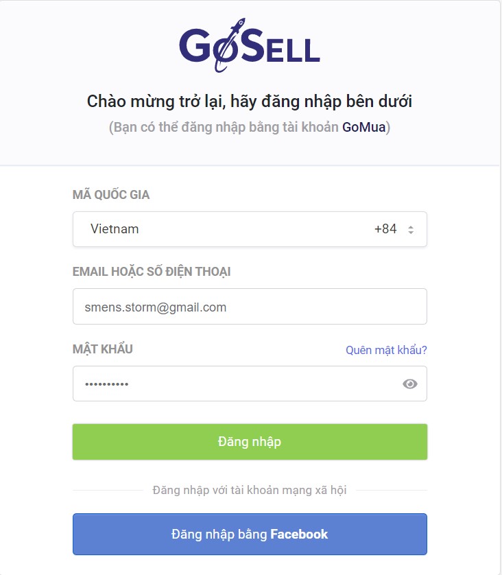 Giao diện đăng nhập GoSELL