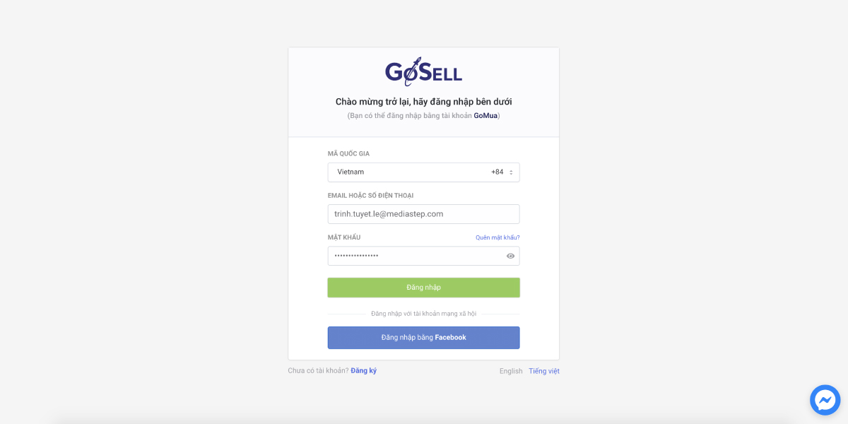 Đăng nhập trang quản trị GoSELL