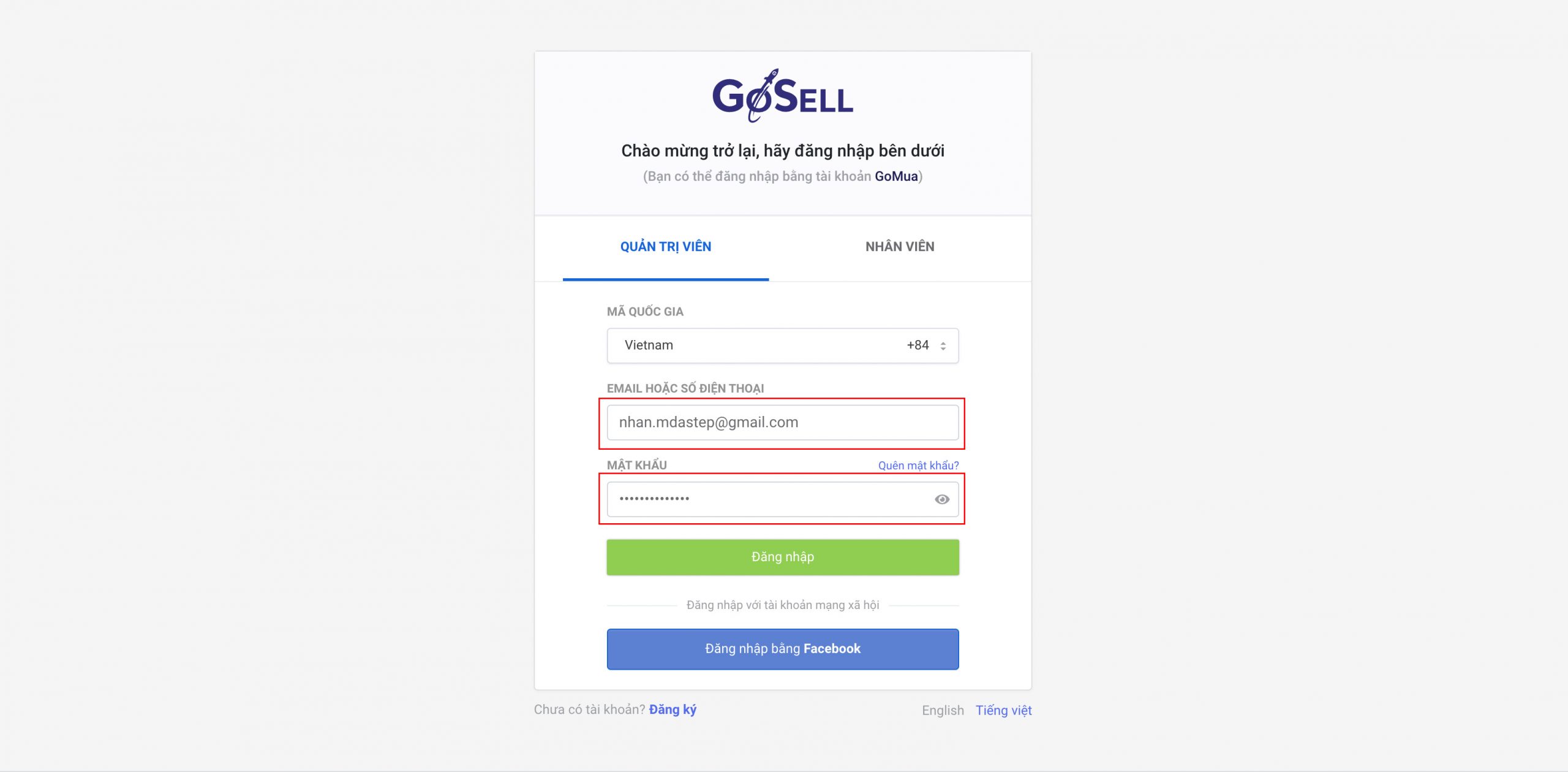 Giao diện đăng nhập tài khoản GoSELL