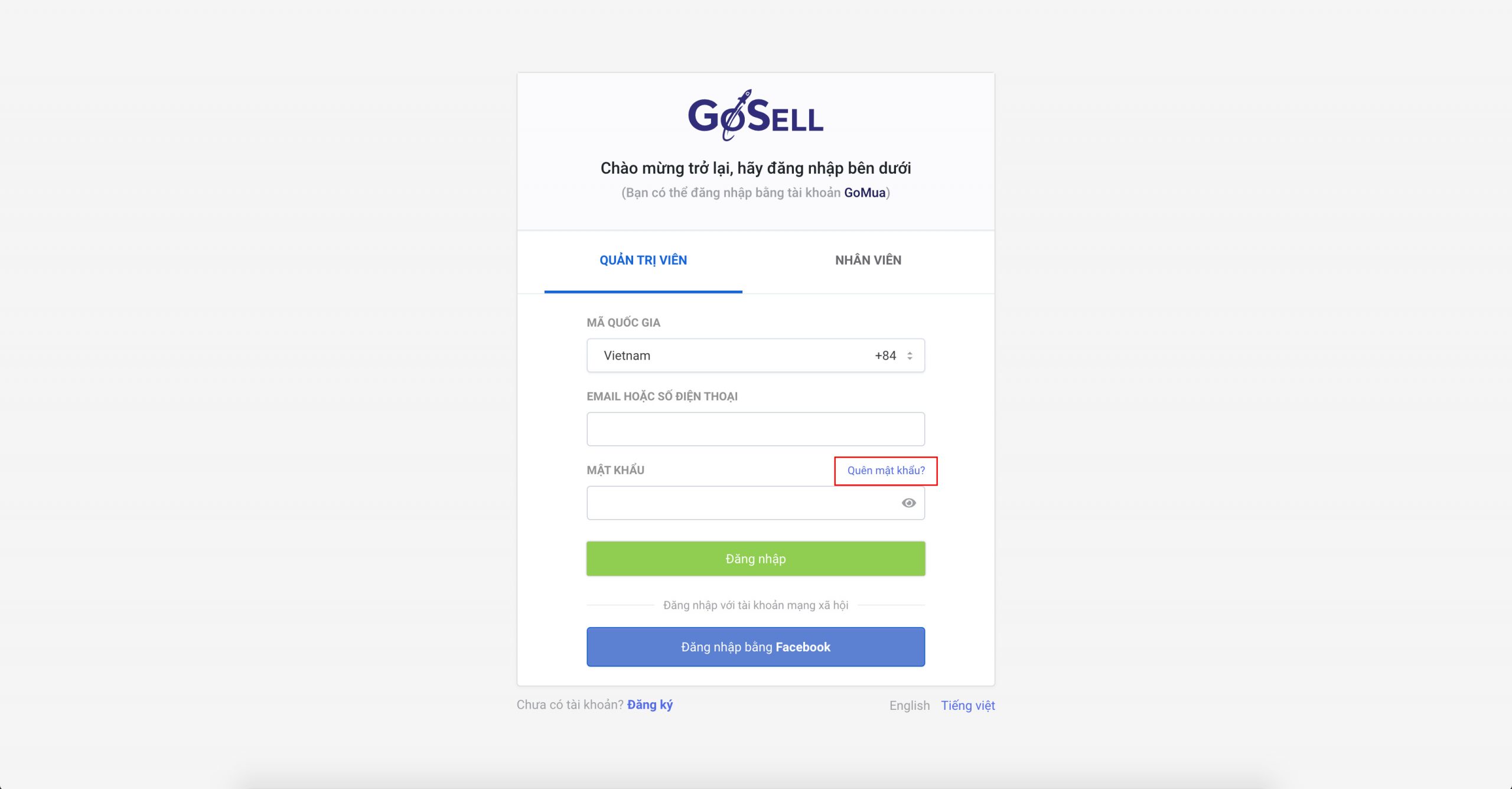 Giao diện đăng nhập tài khoản GoSELL
